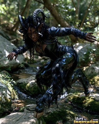 A horned woman crouches on stream rocks under dappled green sunlight