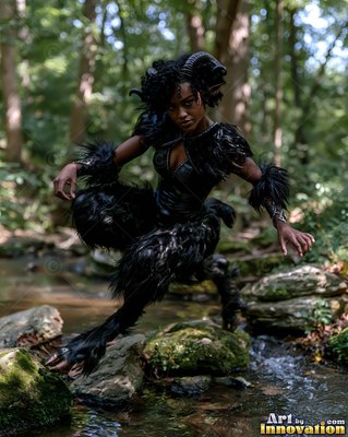 Crouched on rocks in a forest stream, a satyr woman with curled horns leans forward