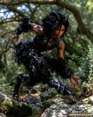 A horned satyr woman in black fur crouches over rocks in the woods
