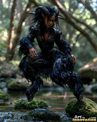 In a shadowy forest stream, a horned satyr woman crouches on wet rocks