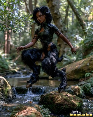 Leaping over a forest brook, a horned woman balances on a mossy rock