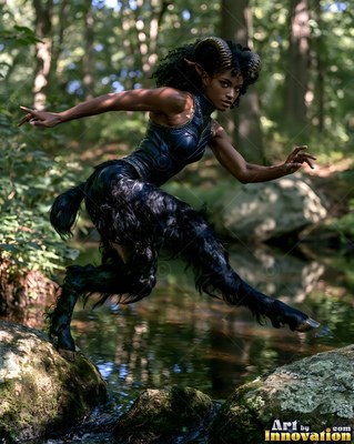 A satyr woman with horns leaps across a forest stream