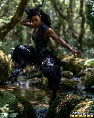 Curled black horns crown a woman crouching on mossy rocks over a sunlit forest stream
