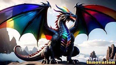 Handsome man with a magnificent pride-colored rainbow dragon, AI-generated LGBTQ fantasy art by Art by Innovation