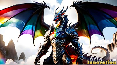 Shirtless young man beside a rainbow-scaled dragon in a blaze of pride colours, AI fantasy artwork by Jeff Dupler