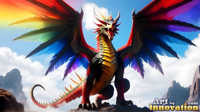 Magnificent rainbow dragon towering over a handsome man, colourful pride fantasy scene created with AI by Art by Innovation