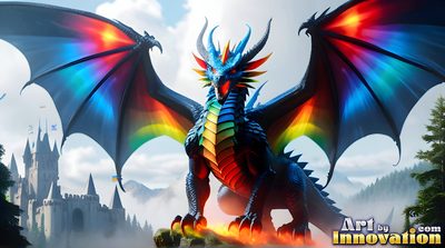 Rainbow pride dragon and its rider in a fiery fantasy landscape, AI-generated gay pride digital art by Jeff Dupler