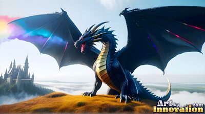 Handsome man with a magnificent pride-colored rainbow dragon, AI-generated LGBTQ fantasy art by Art by Innovation