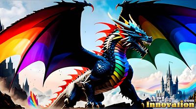Shirtless young man beside a rainbow-scaled dragon in a blaze of pride colours, AI fantasy artwork by Jeff Dupler