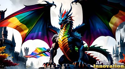 Pride dragon rider in rainbow light, handsome man and mythical beast, AI-generated LGBTQ fantasy art