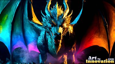 Magnificent rainbow dragon towering over a handsome man, colourful pride fantasy scene created with AI by Art by Innovation