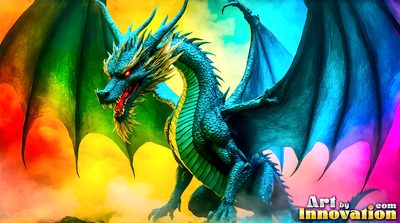 Rainbow pride dragon and its rider in a fiery fantasy landscape, AI-generated gay pride digital art by Jeff Dupler