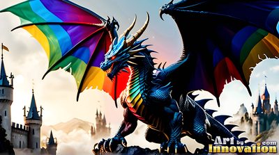 Handsome man with a magnificent pride-colored rainbow dragon, AI-generated LGBTQ fantasy art by Art by Innovation