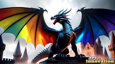 Shirtless young man beside a rainbow-scaled dragon in a blaze of pride colours, AI fantasy artwork by Jeff Dupler
