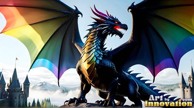 Pride dragon rider in rainbow light, handsome man and mythical beast, AI-generated LGBTQ fantasy art