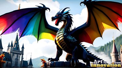 Magnificent rainbow dragon towering over a handsome man, colourful pride fantasy scene created with AI by Art by Innovation