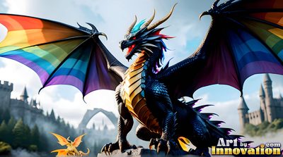 Rainbow pride dragon and its rider in a fiery fantasy landscape, AI-generated gay pride digital art by Jeff Dupler