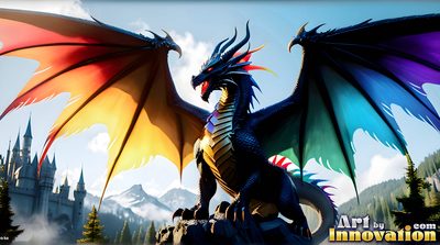 Handsome man with a magnificent pride-colored rainbow dragon, AI-generated LGBTQ fantasy art by Art by Innovation