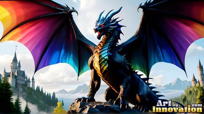 Shirtless young man beside a rainbow-scaled dragon in a blaze of pride colours, AI fantasy artwork by Jeff Dupler