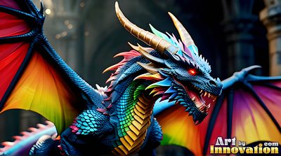 Pride dragon rider in rainbow light, handsome man and mythical beast, AI-generated LGBTQ fantasy art