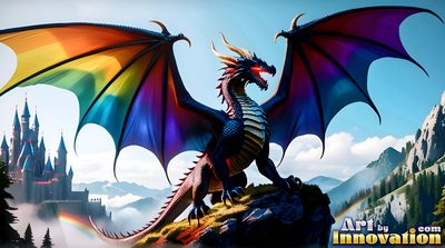 Magnificent rainbow dragon towering over a handsome man, colourful pride fantasy scene created with AI by Art by Innovation