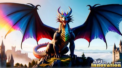 Rainbow pride dragon and its rider in a fiery fantasy landscape, AI-generated gay pride digital art by Jeff Dupler
