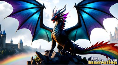 Handsome man with a magnificent pride-colored rainbow dragon, AI-generated LGBTQ fantasy art by Art by Innovation