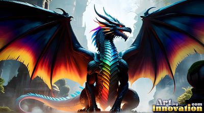 Shirtless young man beside a rainbow-scaled dragon in a blaze of pride colours, AI fantasy artwork by Jeff Dupler