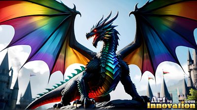 Pride dragon rider in rainbow light, handsome man and mythical beast, AI-generated LGBTQ fantasy art