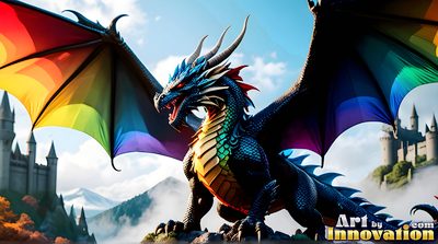 Magnificent rainbow dragon towering over a handsome man, colourful pride fantasy scene created with AI by Art by Innovation
