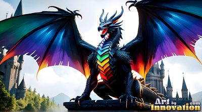 Rainbow pride dragon and its rider in a fiery fantasy landscape, AI-generated gay pride digital art by Jeff Dupler