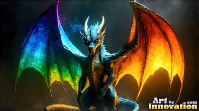 Shirtless young man beside a rainbow-scaled dragon in a blaze of pride colours, AI fantasy artwork by Jeff Dupler