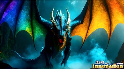 Pride dragon rider in rainbow light, handsome man and mythical beast, AI-generated LGBTQ fantasy art