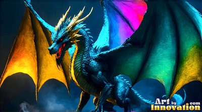 Magnificent rainbow dragon towering over a handsome man, colourful pride fantasy scene created with AI by Art by Innovation