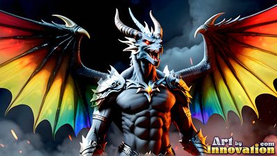 Rainbow pride dragon and its rider in a fiery fantasy landscape, AI-generated gay pride digital art by Jeff Dupler