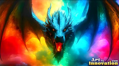 Handsome man with a magnificent pride-colored rainbow dragon, AI-generated LGBTQ fantasy art by Art by Innovation