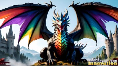 Shirtless young man beside a rainbow-scaled dragon in a blaze of pride colours, AI fantasy artwork by Jeff Dupler