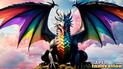 Pride dragon rider in rainbow light, handsome man and mythical beast, AI-generated LGBTQ fantasy art