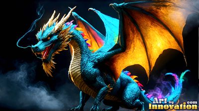 Magnificent rainbow dragon towering over a handsome man, colourful pride fantasy scene created with AI by Art by Innovation