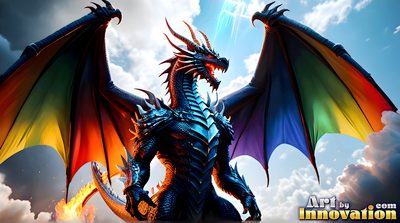 Rainbow pride dragon and its rider in a fiery fantasy landscape, AI-generated gay pride digital art by Jeff Dupler