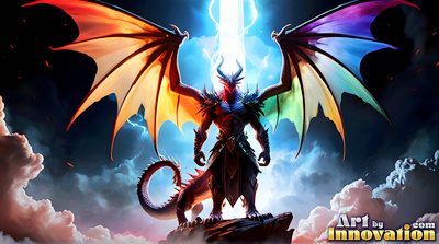 Handsome man with a magnificent pride-colored rainbow dragon, AI-generated LGBTQ fantasy art by Art by Innovation