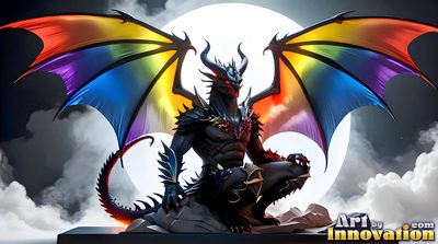 Shirtless young man beside a rainbow-scaled dragon in a blaze of pride colours, AI fantasy artwork by Jeff Dupler