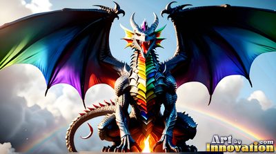 Pride dragon rider in rainbow light, handsome man and mythical beast, AI-generated LGBTQ fantasy art
