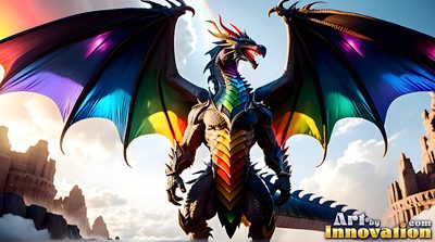 Magnificent rainbow dragon towering over a handsome man, colourful pride fantasy scene created with AI by Art by Innovation