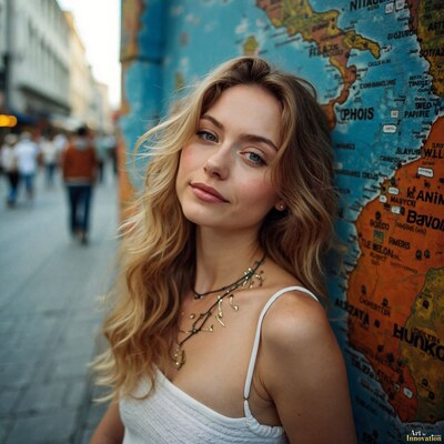 A young woman with wavy blond hair leaning against a painted world map on a busy city sidewalk