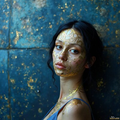 A woman with gold leaf painted across her face, posed against a blue wall flecked with gold