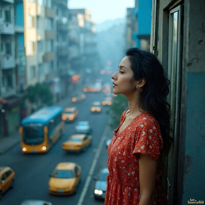 A woman in a red floral dress looking out a window over a city street full of yellow taxis