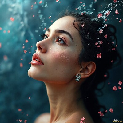 A woman gazing upward as pink petals and water droplets drift through her dark curly hair
