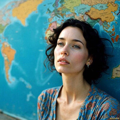 A dark-haired woman in a patterned blouse standing in front of a large blue world map