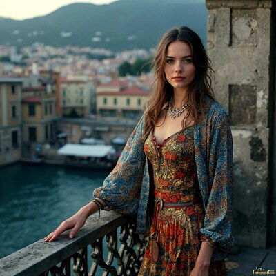 A woman in a patterned dress on a stone balcony above a harbor and hillside town